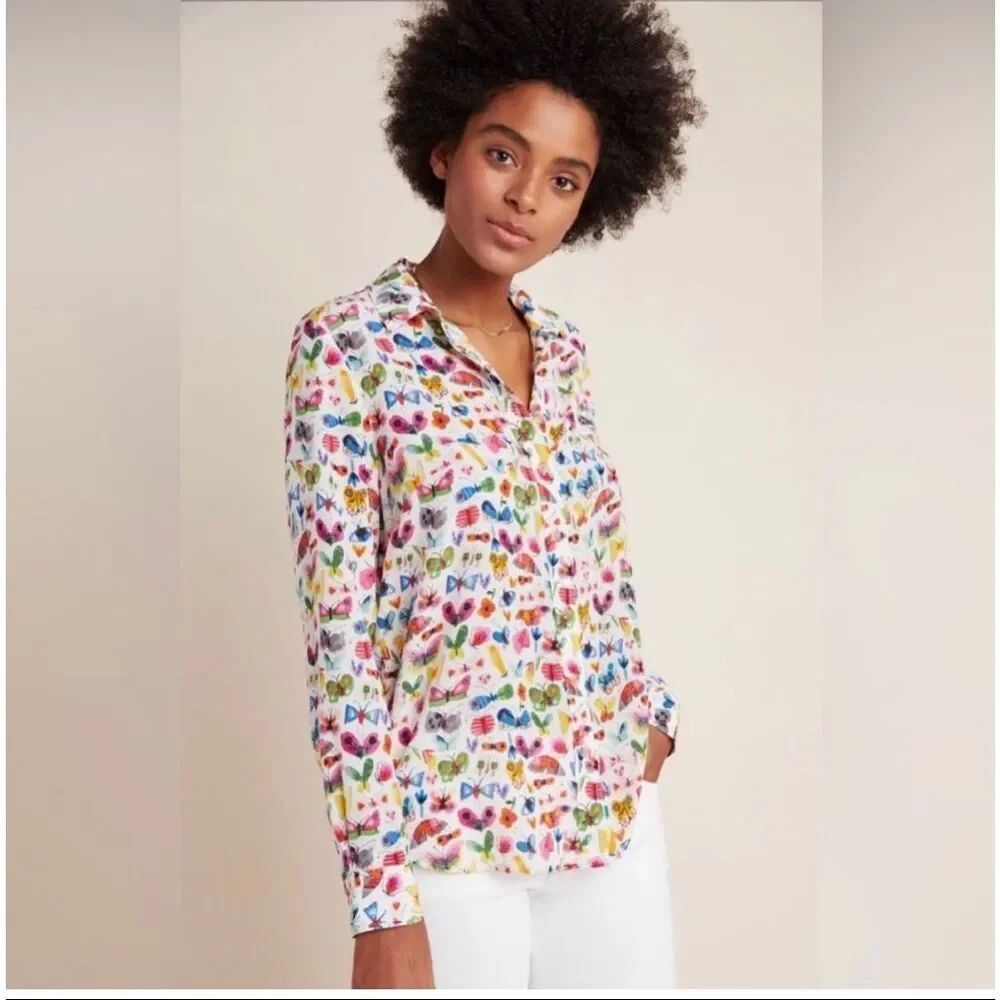 The Art of Anthropologie Carolyn Gann 100% Silk Butterfly Button Down Shirt sz 2